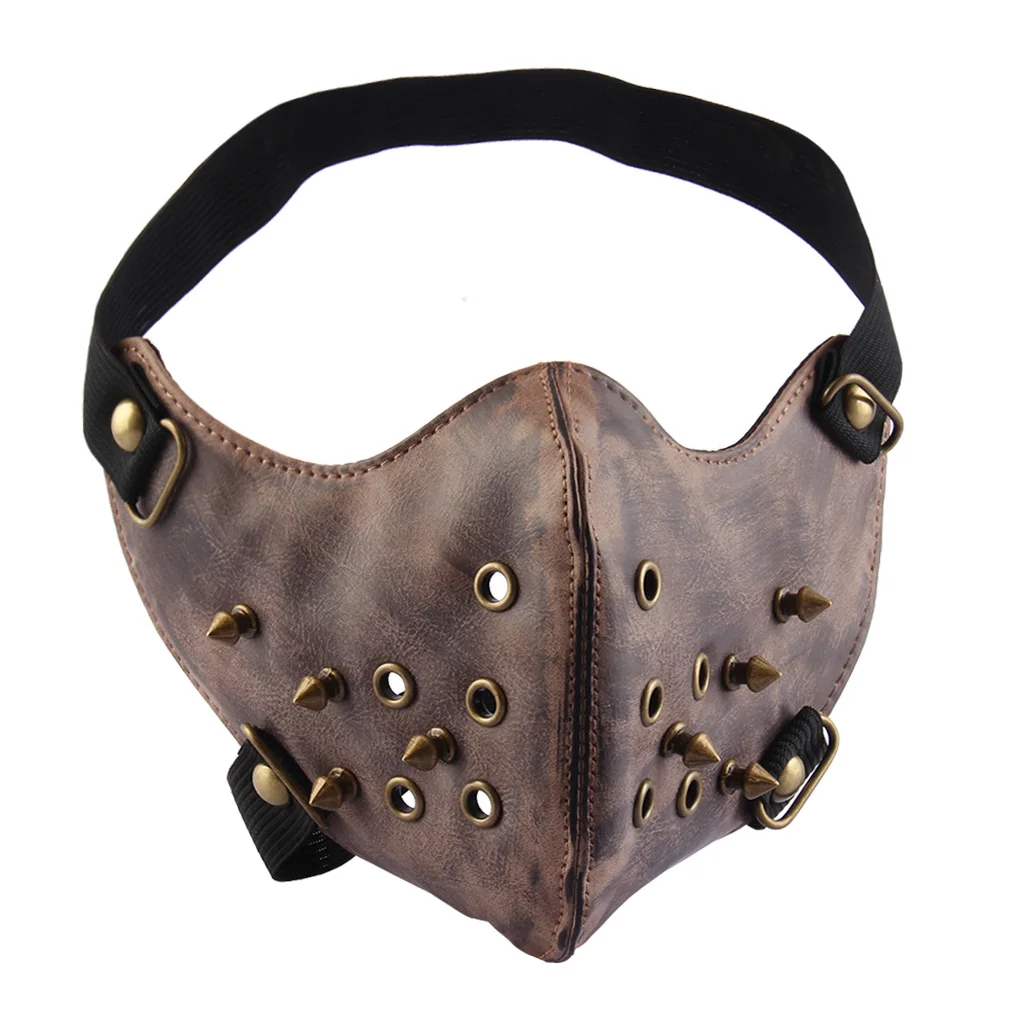 

Retro Half Face Mouth Mask PU Leather With Alloy Rivets Punk Hip Hop Style for Outside Sports