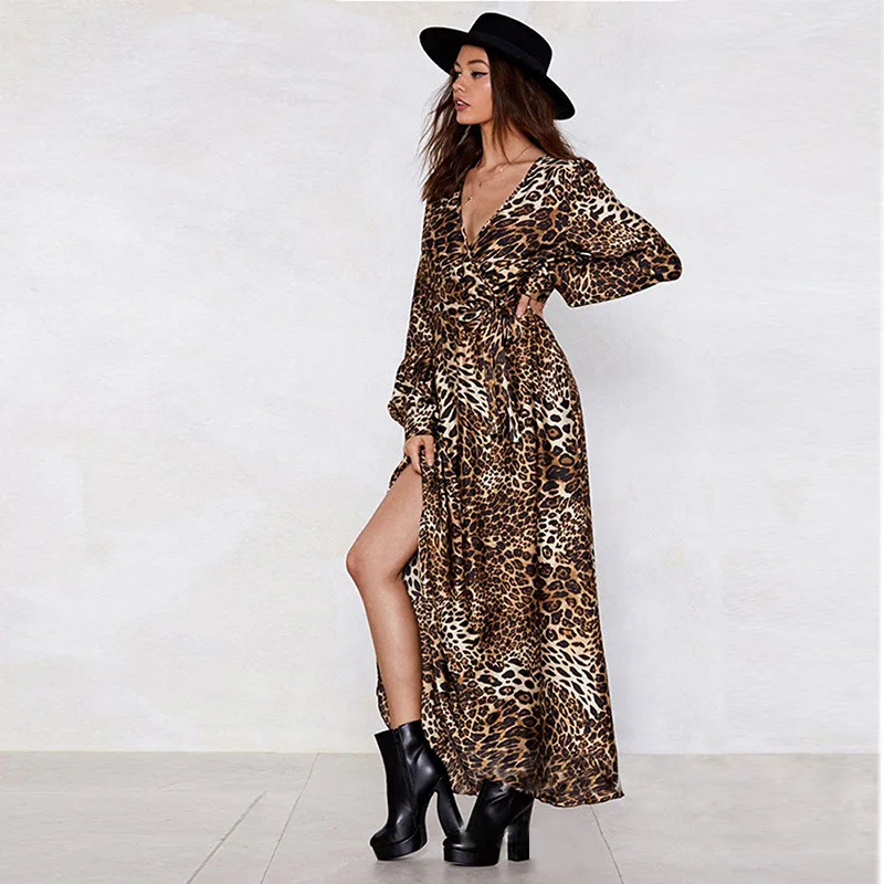 Женское платье с леопардовым принтом Boho винтажное длинное поясом и треугольным