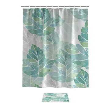 

Green Cartoon Leaves Shower Curtain Bath Sets With Rugs 2 Piece Bathroom Set Bathroom Decor Set Waterproof Inside Toilet Fabric