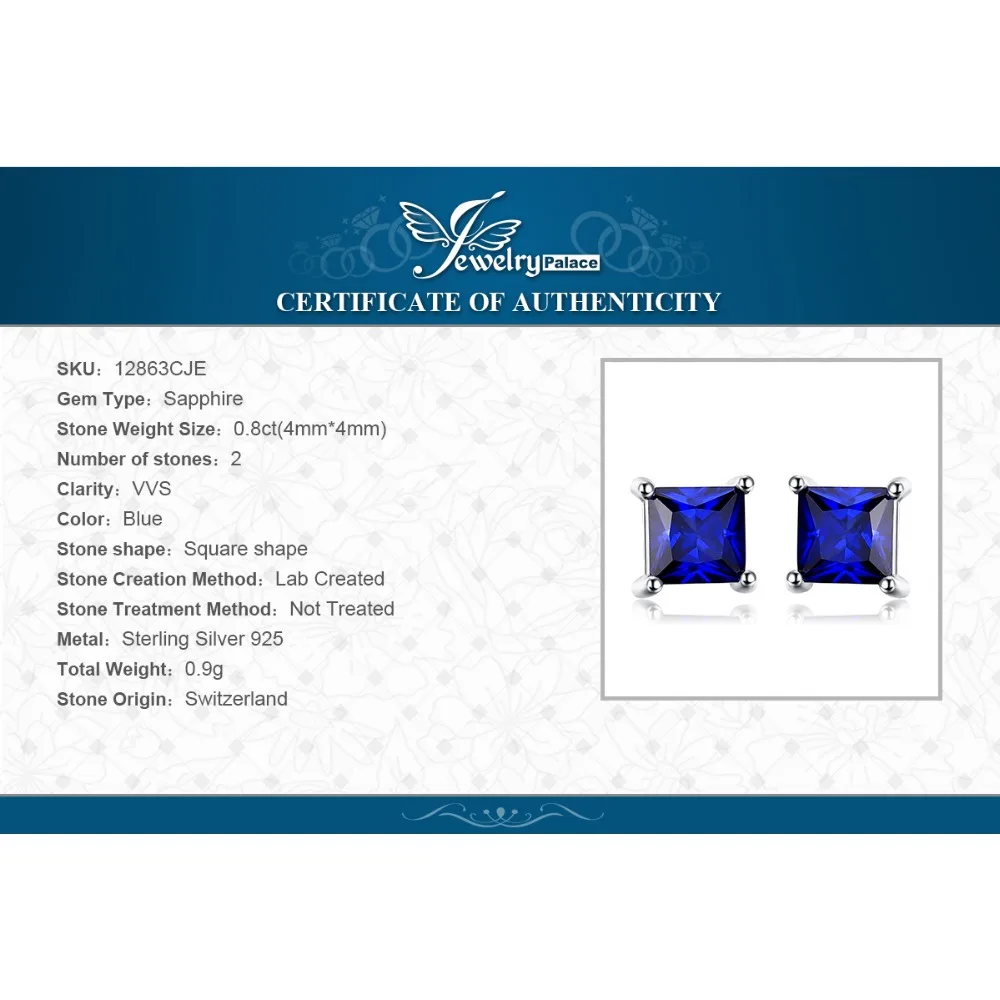Jewelrypalace квадратный 0.8ct создан синий сапфир серебро 925 Серьги гвоздики для Для