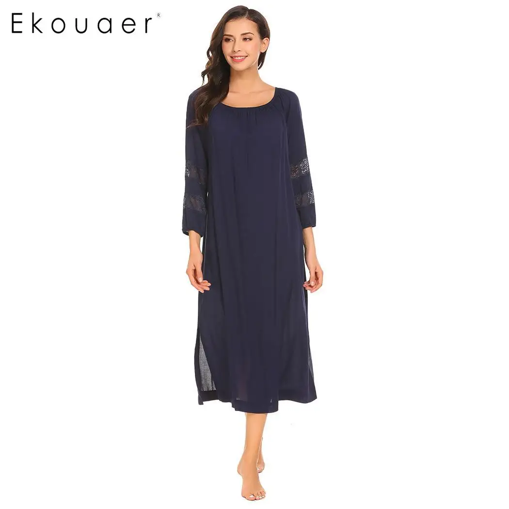 

Ekouaer Women Casual Long Nightgown Sleepwear Dress Round Neck 3/4 Sleeve Lace Patchwork Loose Side Split Sleep Night Dress