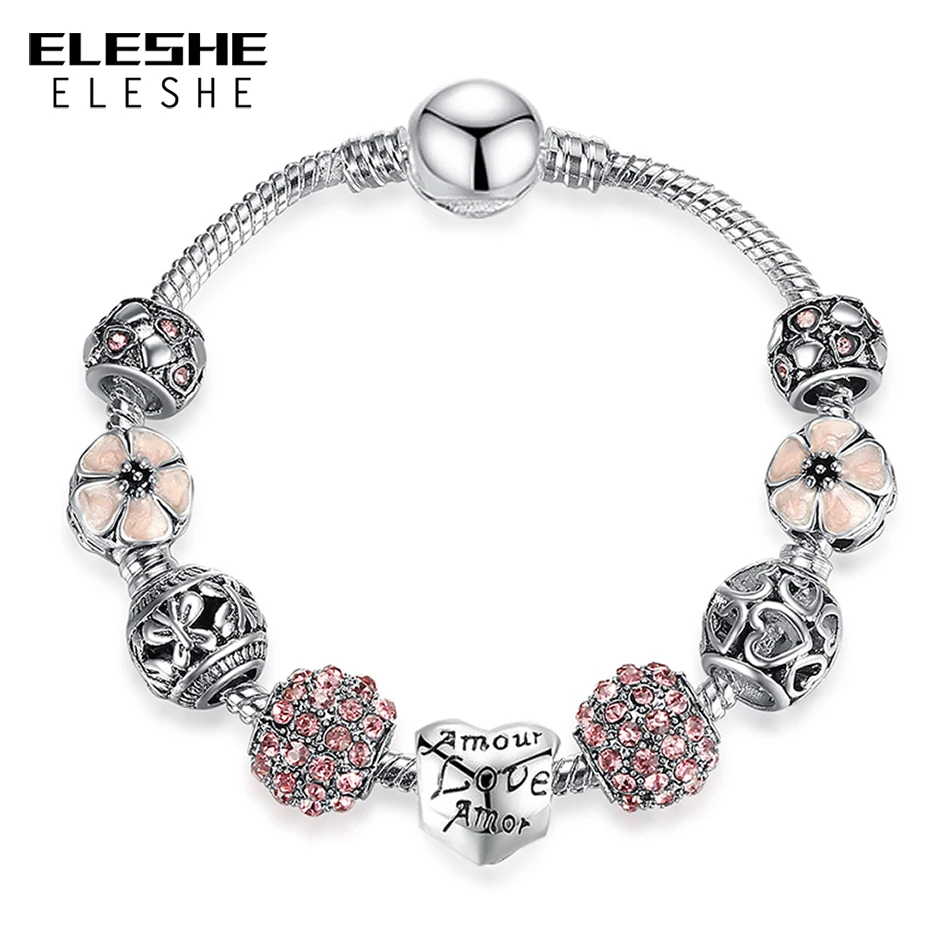 

2018 Christmas Gift 925 Silver Charm Bracelet & Bangle with Heart Flower Crystal Beads Bracelets For Women Wedding Jewelry
