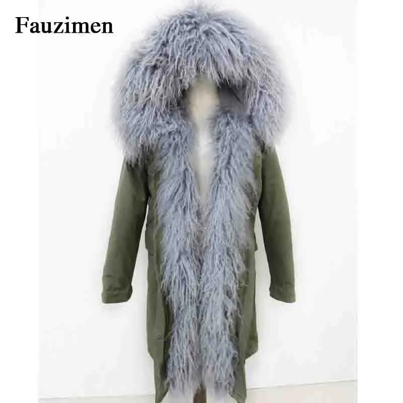 Женская Зимняя шерстяная овечья куртка, пальто, Монгольская парка с длинным капюшоном, теплое пальто, качественное Женское зимнее пальто, парка из натурального меха - Цвет: Серый