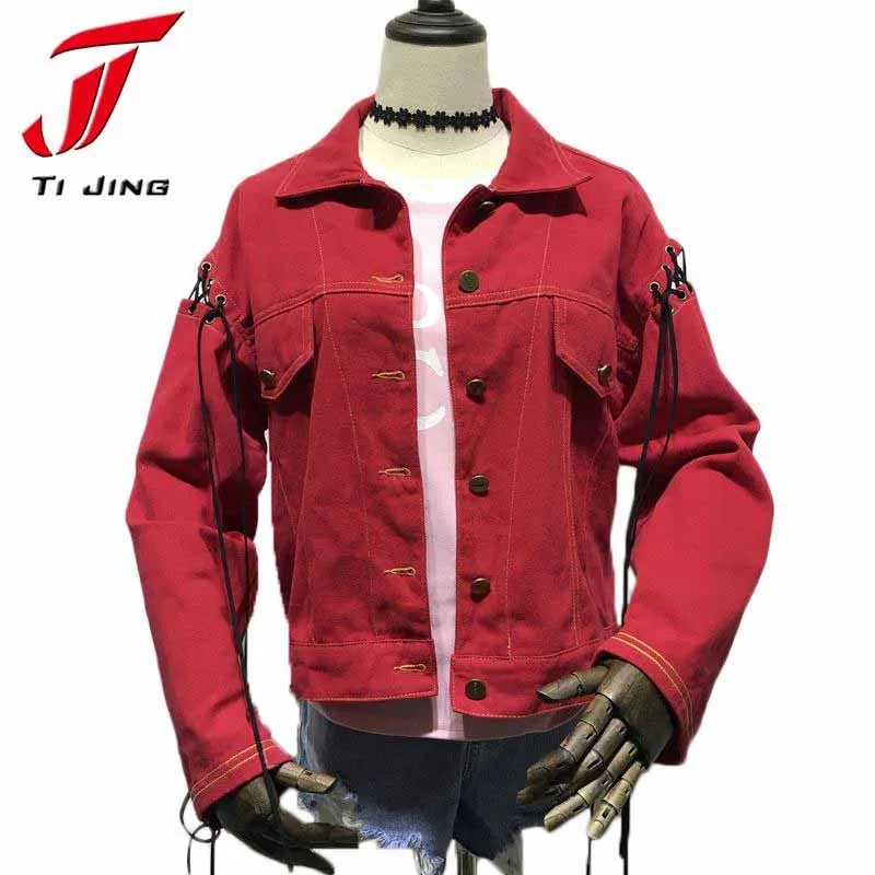 2017 Straps Hole Jeans Jacket Women Loose Red Denim Jacket Women Basic