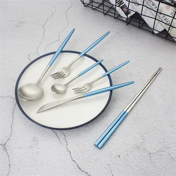 

24pcs/set European Style Blue Stainless Steel Cutlery Set Titanium Flatware Set Dinner Knife Fork Spoon Set Dinnerware Tableware