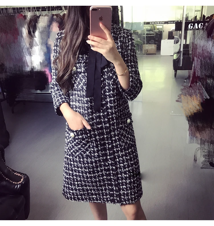 

New product exclusive exclusive thin version black feather small fragrant wind wool dress in autumn and winter
