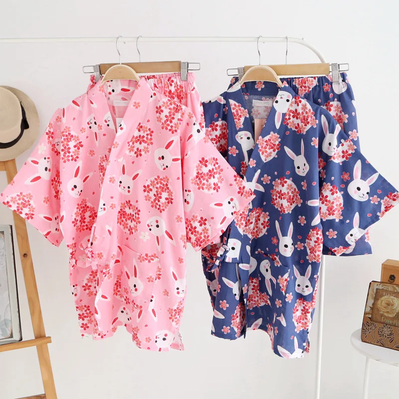 Summer Pijamas Women Japanese Pajamas Sakura Rabbit Print Short Sleeve ...