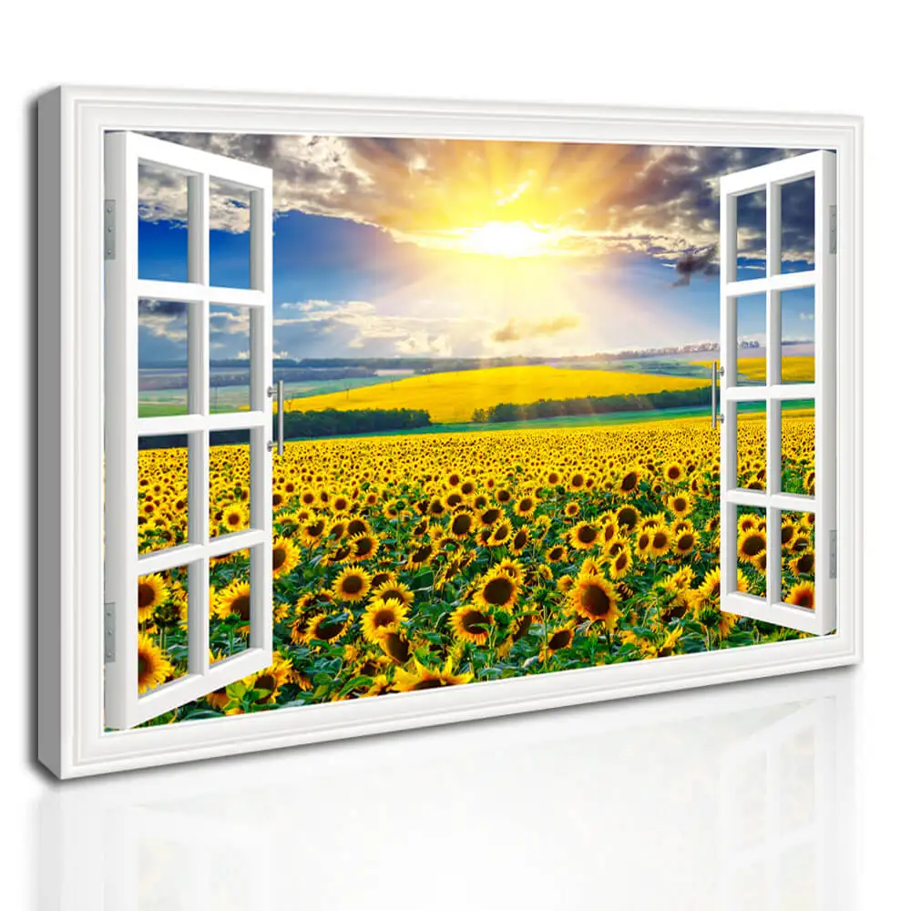 

Flower Painting Sunflower Outside the Window Sunrise Landscape Wall Art Canvas Printing Framed Picture for Bedroom Home Decor