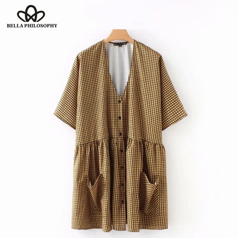 Wonder 2018 vintage short sleeve plaid pocket loose mini dress female v neck pleated casual vestidos brand party chic dresses