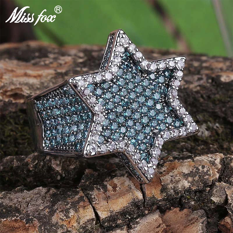 

Missfox Mint Green Jeweled Men's Ring Hiphop Tide Brand Personality Hexagonal Ring Fashion Top Quality Trendy Copper Metal Jewel