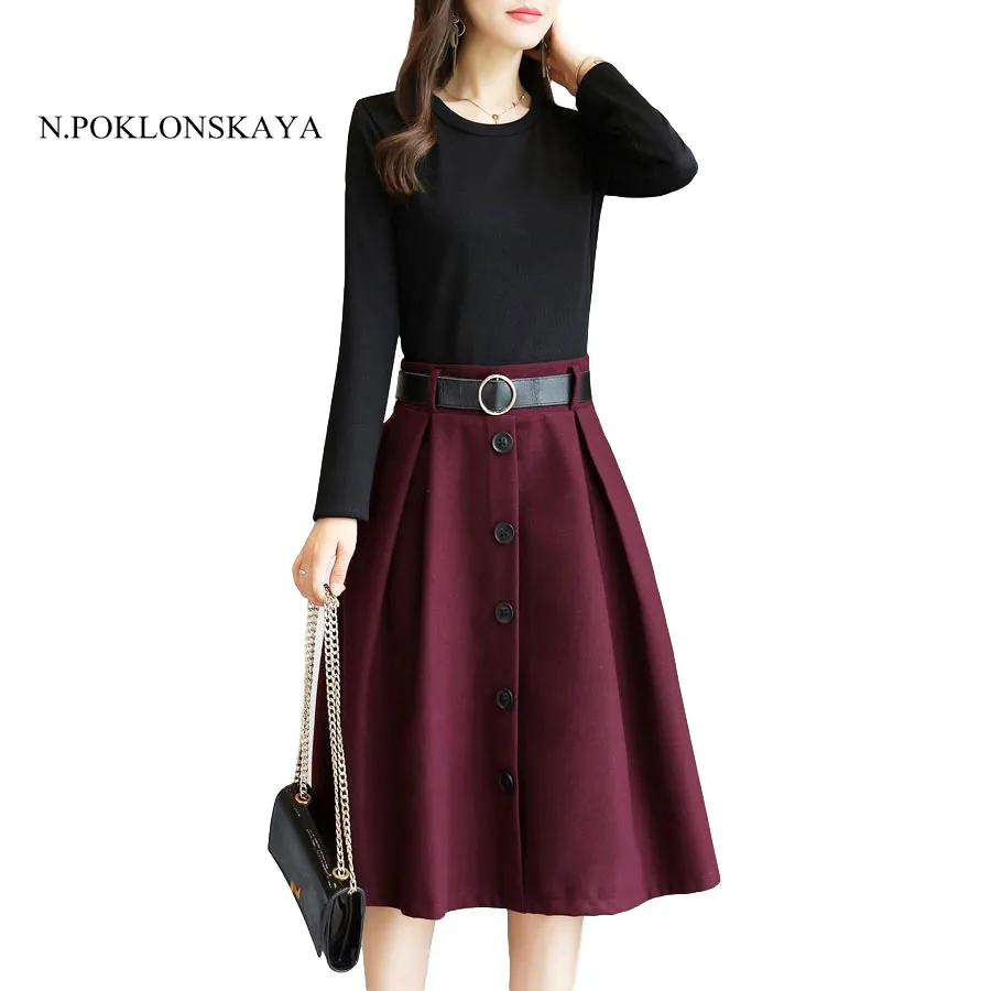 

2017 Autumn Long-sleeved Patchwork Dress Women Elegant Button Pleated Work Office Dress Fall Party Vestido Plus Size Spring