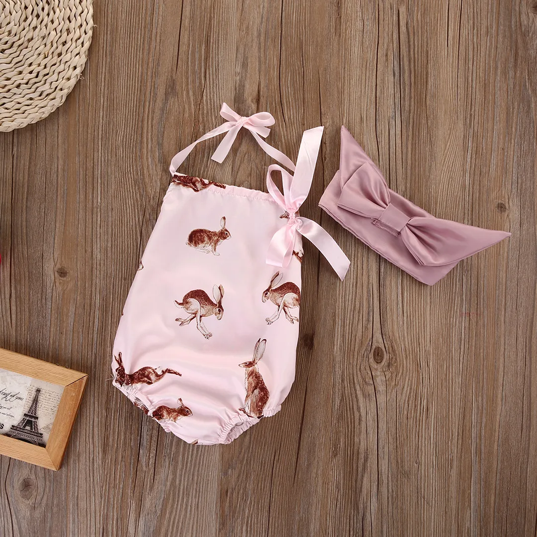 Костюм из 2 предметов! Одежда для новорожденных маленьких девочек Комбинезон с кроликом+ повязка на голову розовый наряд с изображением кролика от 0 до 18 месяцев