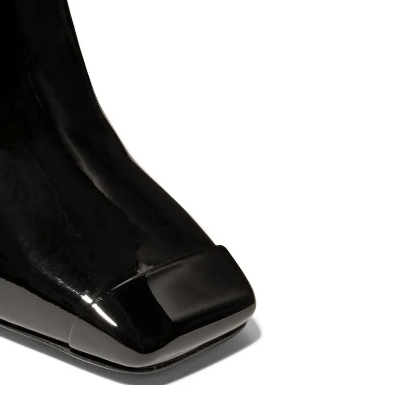 Из лакированной кожи Высокий каблук Сапоги выше колена женская обувь с квадратным носком черный botas женственное Плиссированное шпильках