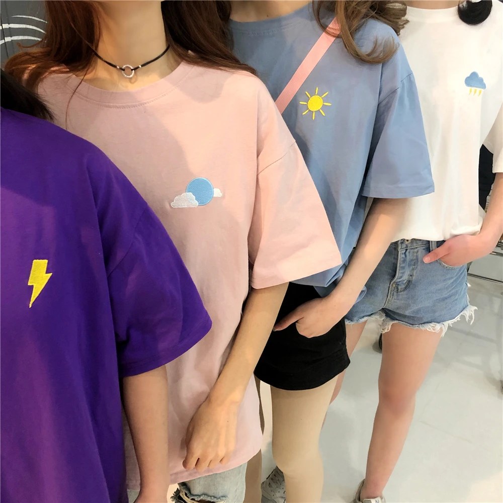 

Women Harajuku Ulzzang Pastel Color T shirt Cotton Simple Embroideried Girl's Summer Solid Short Sleeve Streetwear Korean Style