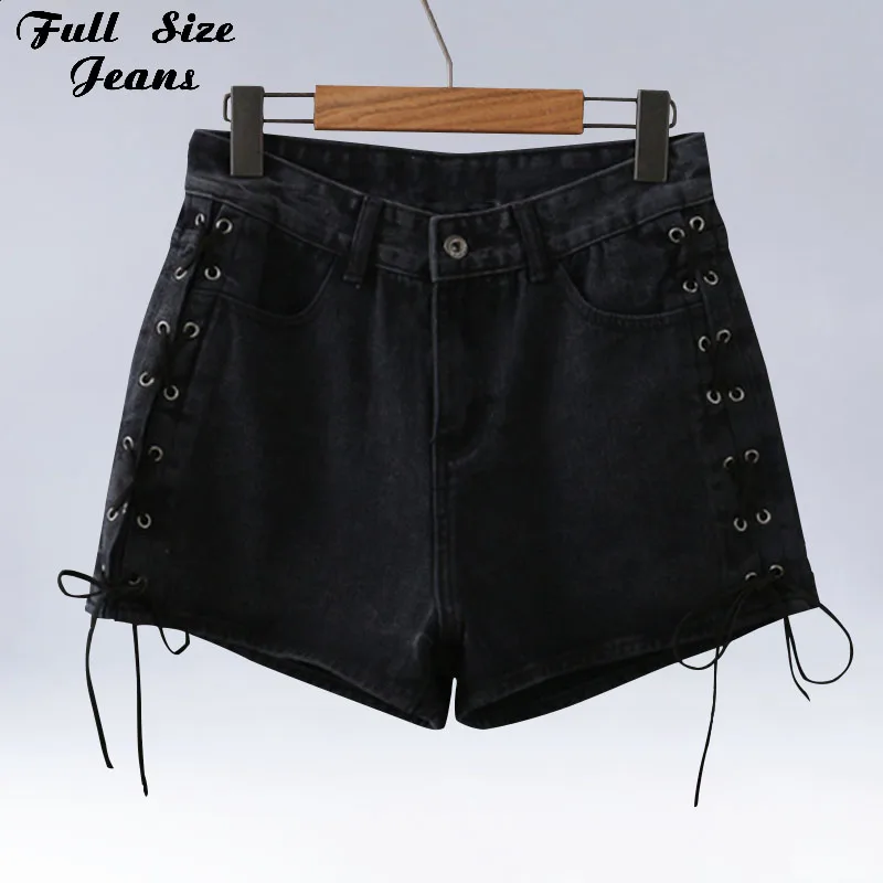 Plus Size Sexy Women Lace Up Bandage Denim Black Short