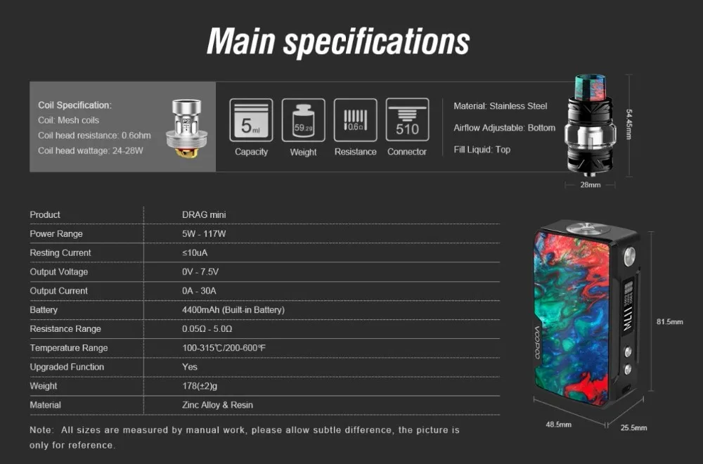 New Color VOOPOO Drag Mini Platinum Kit 117w Box Mod Vape 4400mah E Cigarettes 5ml UFORCE T2 tank P2/N1 Coils Mini Drag 2 Box