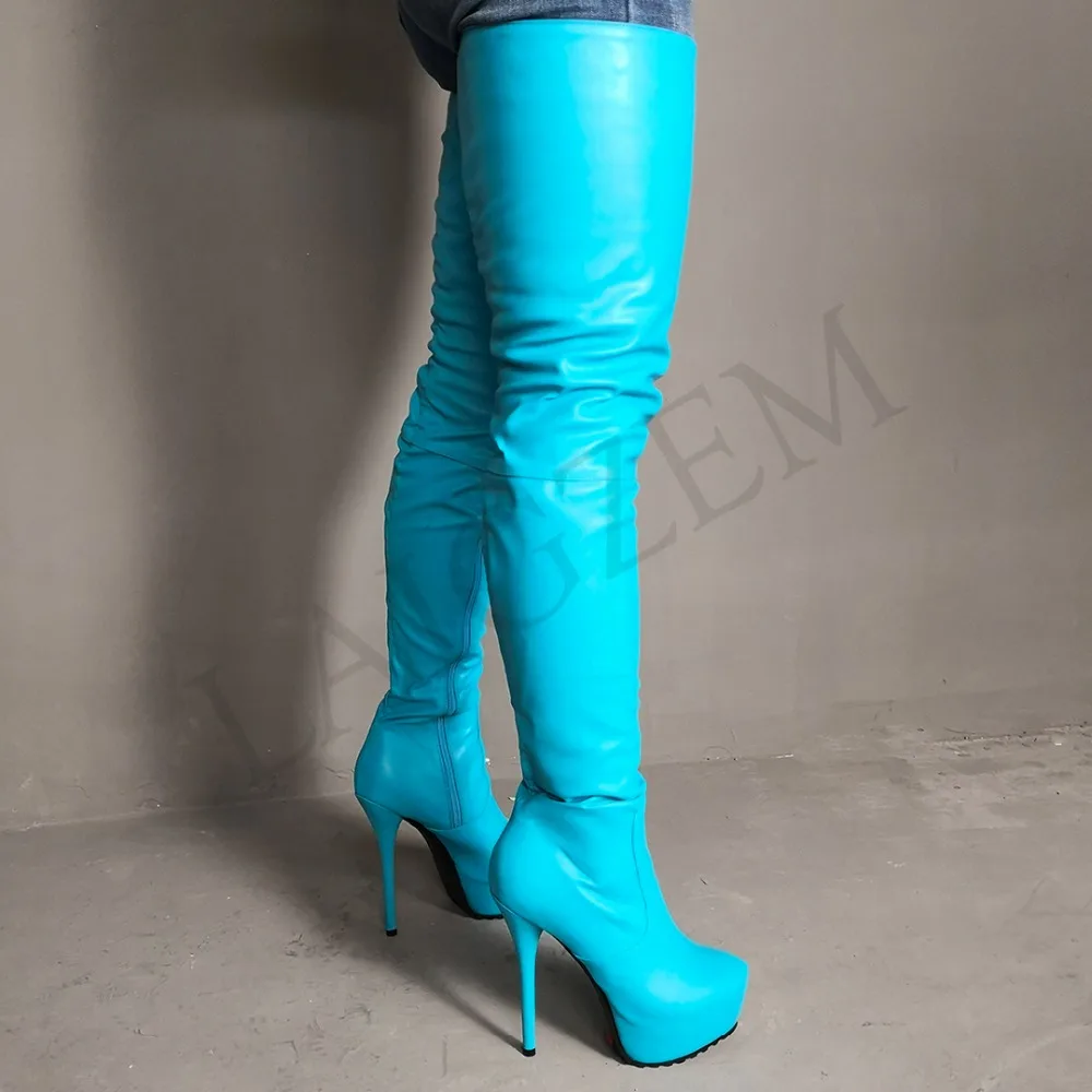 LAIGZEM FASHION Women Over-the-Knee Boots Platform High Heels Black Blue Brown Burgundy Long Boots Botines Mujer Big Size 4-19