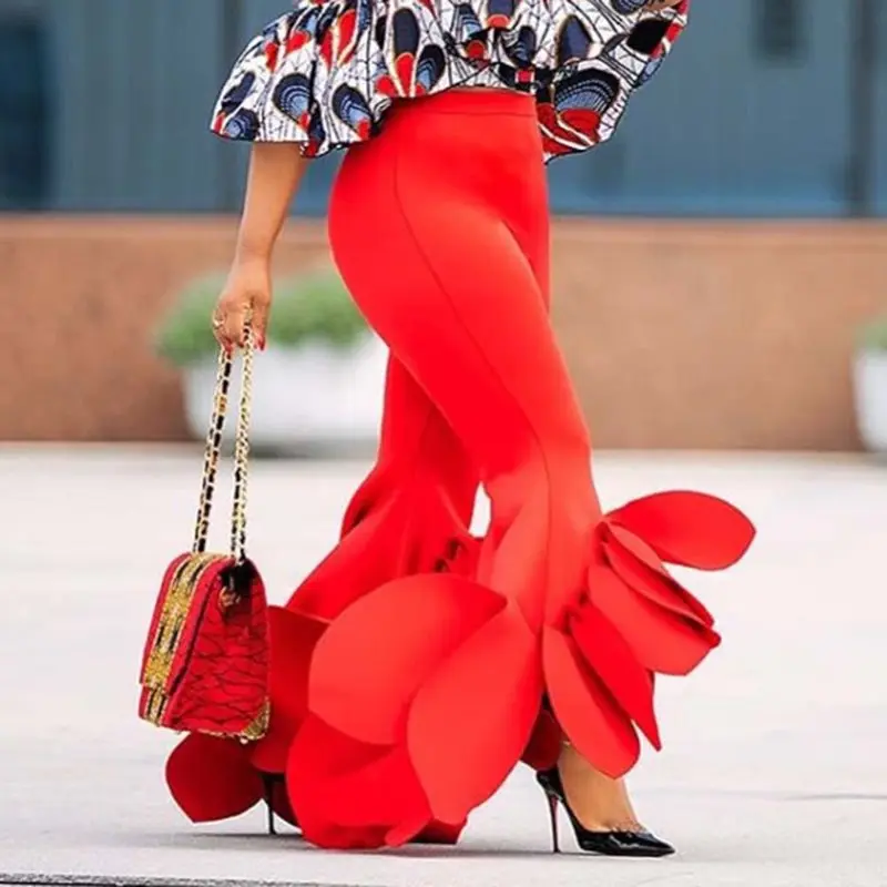 

Summer Office Ladies Red Plus Size Women Flare Pants Casual Chic Slim High Waist Ruffles Elegant African Female Fashion Pants