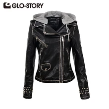 GLO-STORY зимняя женская куртка из искусственной кожи с капюшоном модная крутая мотоциклетная черная облегающая Верхняя одежда Пальто 5592