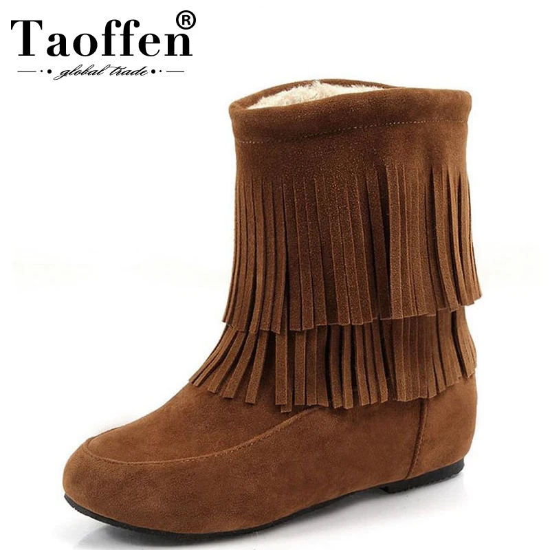 Taoffen, botas planas de felpa para mujer, flecos en el interior de piel,  punta redonda, zapatos de invierno para mujer, media pantorrilla, botas de  nieve, zapatos de fiesta, tamaño 33 45|Botas de