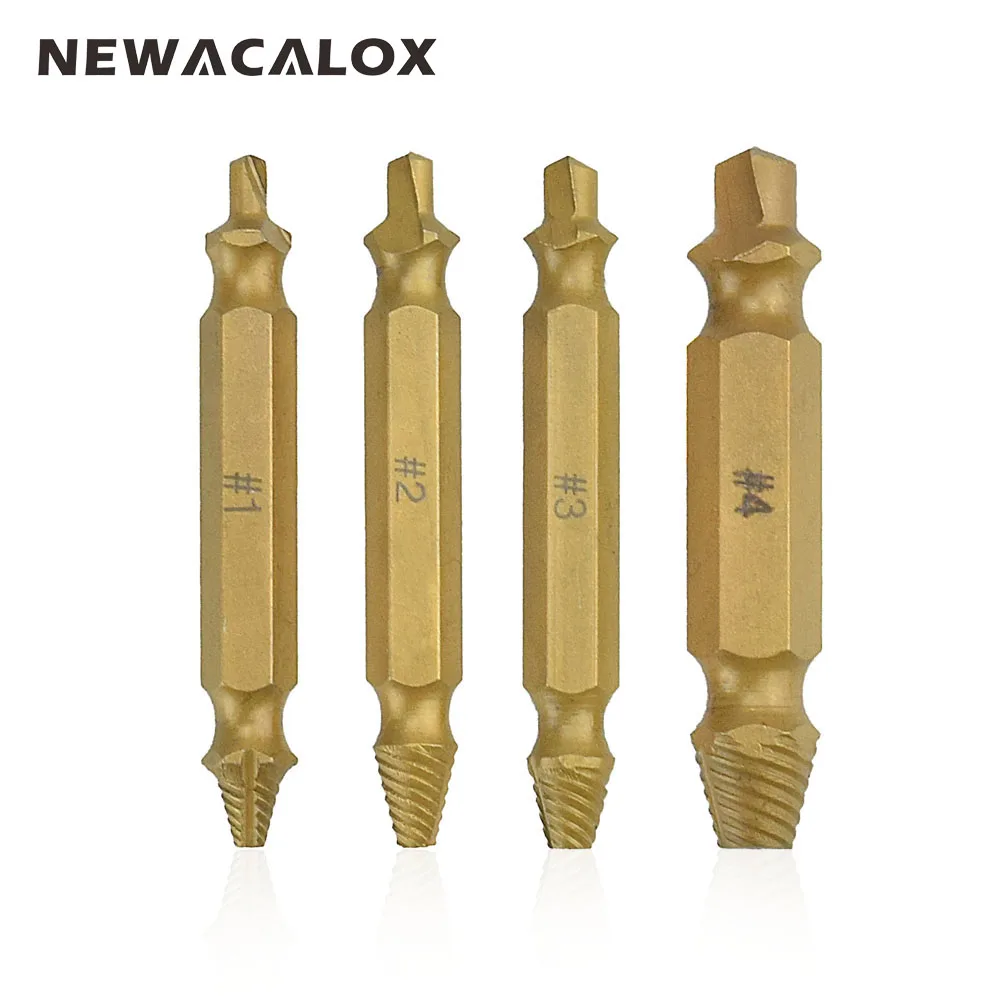 

NEWACALOX Speedout Set Damaged Screw Extractor Drill Set Easy Out Tool Double Side Remove Broken Screw 4pcs/set with Box