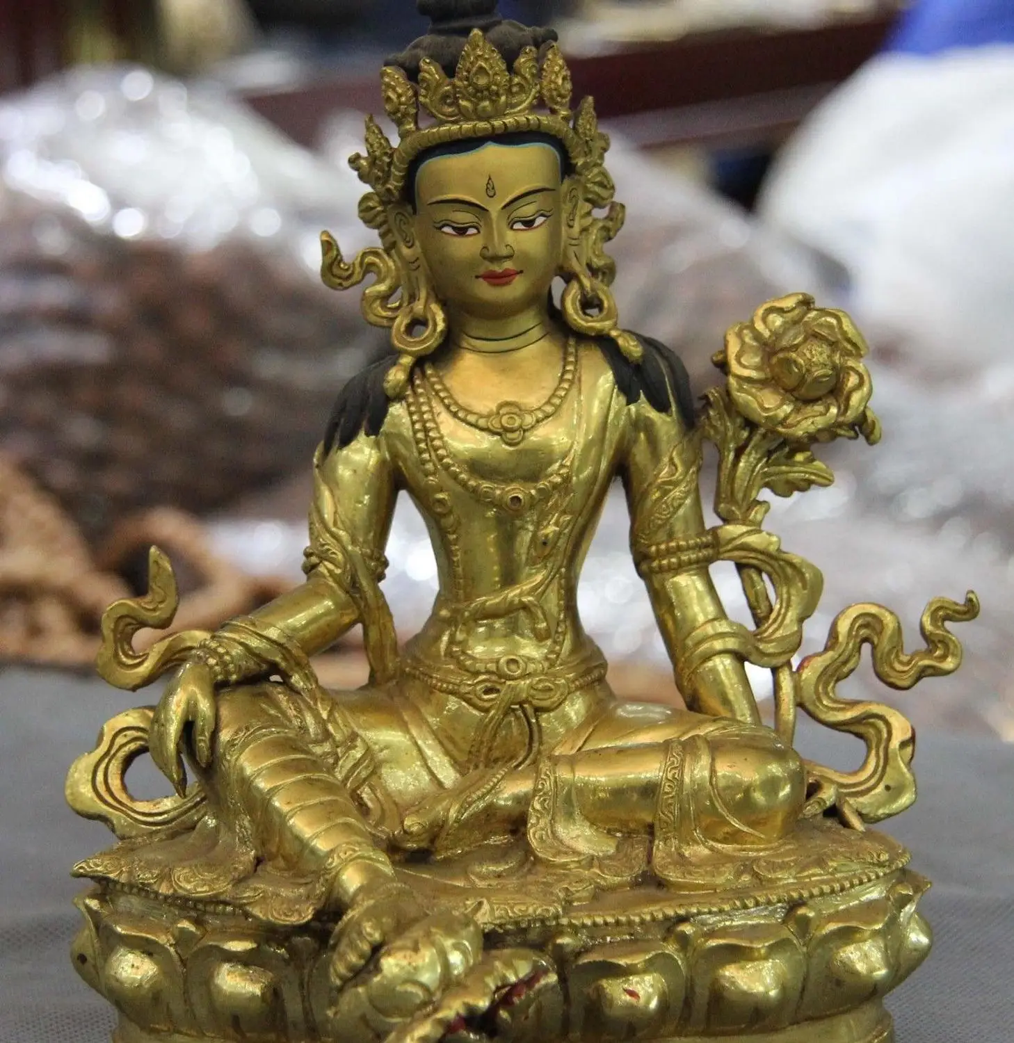 Tibet 100 Pure Bronze 24K Gold Gild Green Tara Guan Yin Kwan yin Goddess Statuein Statues