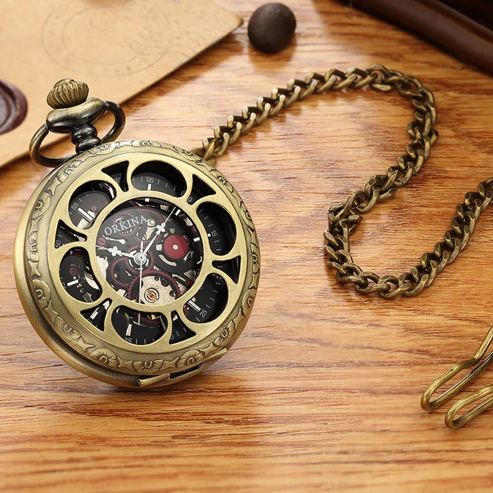 Старинные антикварные карманные часы мужские полые механические стимпанк Fob часы Роскошный топ бренд ORKINA винтажные карманные часы подвесные часы