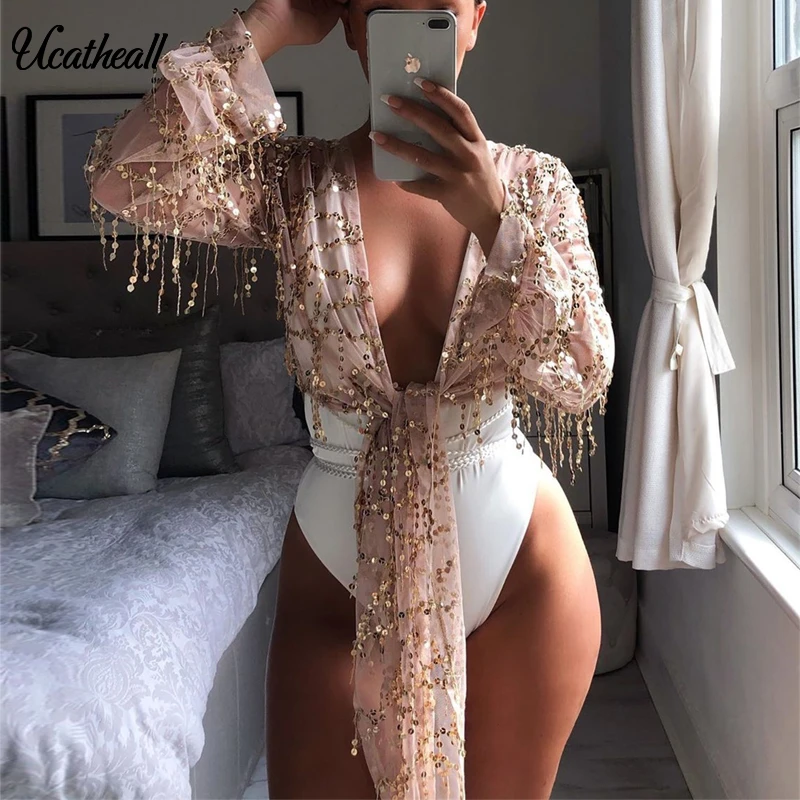 

See Throigh Beach Sexy Women Sequin Fishnet Crochet Mesh Bikini Cover Up Swimwear Beach Dress Hot Summer Swimsuit Cover-up