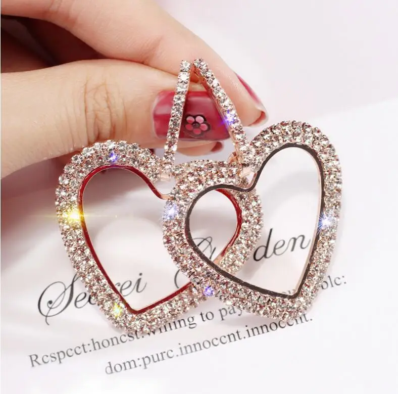 

Fashion Rhinestone Triangle Heart Geometric Drop Earrings For Women Jewelry Silver Gold Rose Color Handmade Statement Earrings