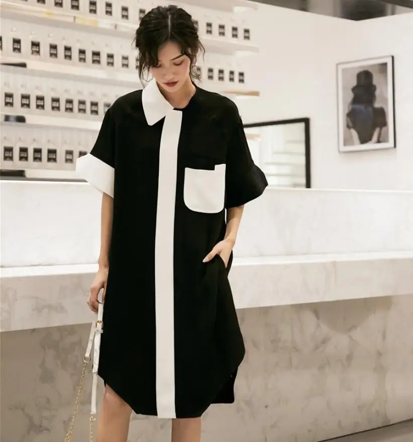 

Dress 2019 Black and White Contrast Color Shirt Dress Street Tide Loose Waist Lapel Irregular Knee-length Summer Midi Dress