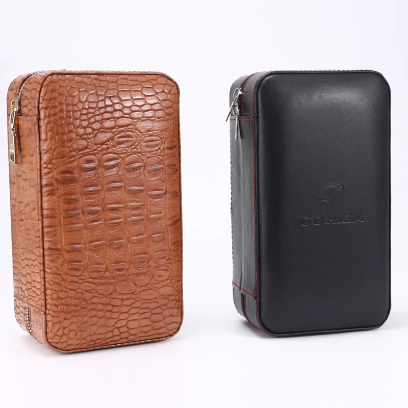 

COHIBA Portable Brrown CROCO Pattern Leather Exterior Travel Case Cedar Wood Lined Cigar Humidor Case Mini Storage Box W/ Zipper