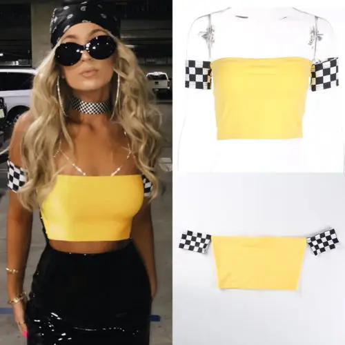 Womens plaid Frill Bandage Crop Tops Off Shoulder Ribbed Long Sleeve Jumper Top boob tube top crop top for women