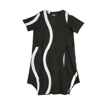 

2019 summer new color contrast round neck dress one generation dark dark short sleeve personality long skirt 9145