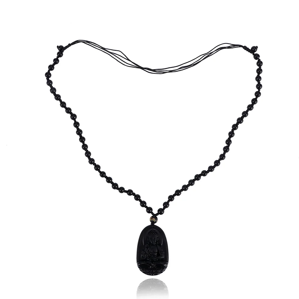 

1pc Black Natural Obsidian Buddha Bead Carved Pendant Necklace Rope Chain Fashion Women Men Lucky Transhipped Jewelry collares