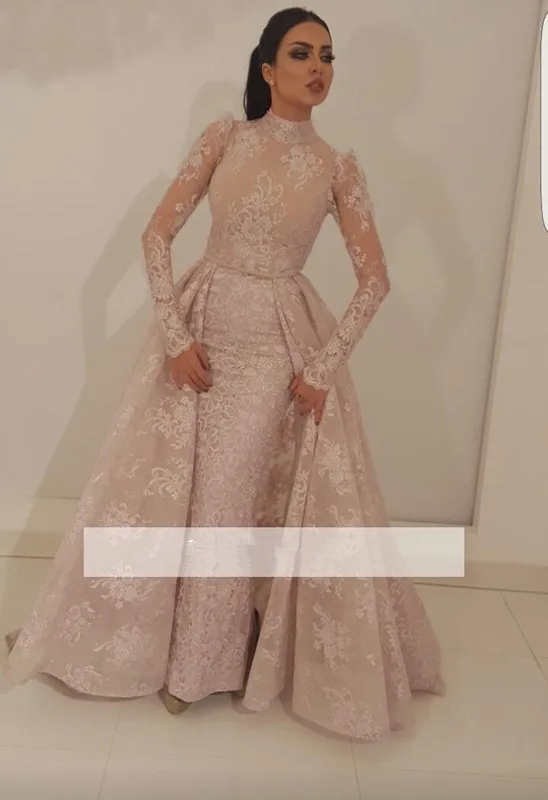 

Elegant Muslim Evening Dresses 2019 Mermaid Long Sleeves Lace Beaded Islamic Dubai Saudi Arabic Long Formal Evening Gown