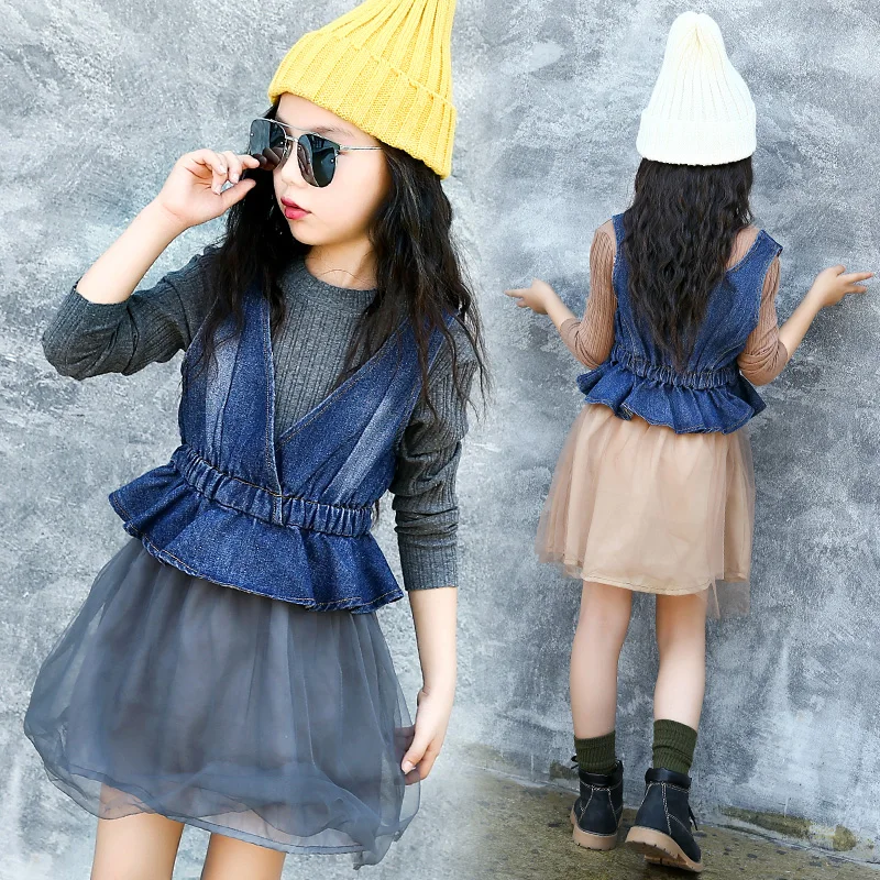 

2017 Girls Clothing Sets Cotton Denim Vest + Knitting Dress 2Pcs Autumn Kids Dresses Girls Clothing Princess Suits Ropa Mujer 14