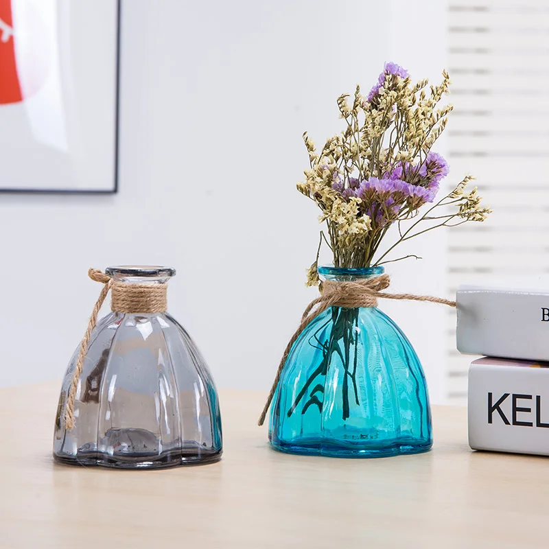 

Europe Simple Creative Blue/gray Glass Vase Mini transparent Glass bottle Hemp rope Tabletop Vases home wedding Decor