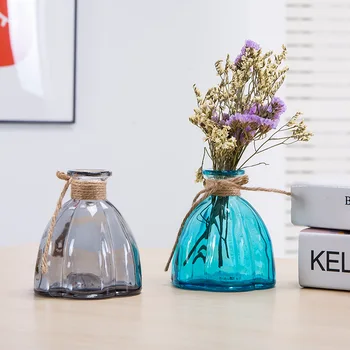 

Europe Simple Creative Blue/gray Glass Vase Mini transparent Glass bottle Hemp rope Tabletop Vases home wedding Decor