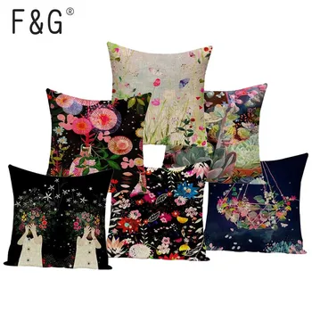 

Dream Flower Pattern Animals Chair Cotton Linen Cushion Covers Plant Pillow Cases Home Decorative Pillows Cover For Sofa Decor