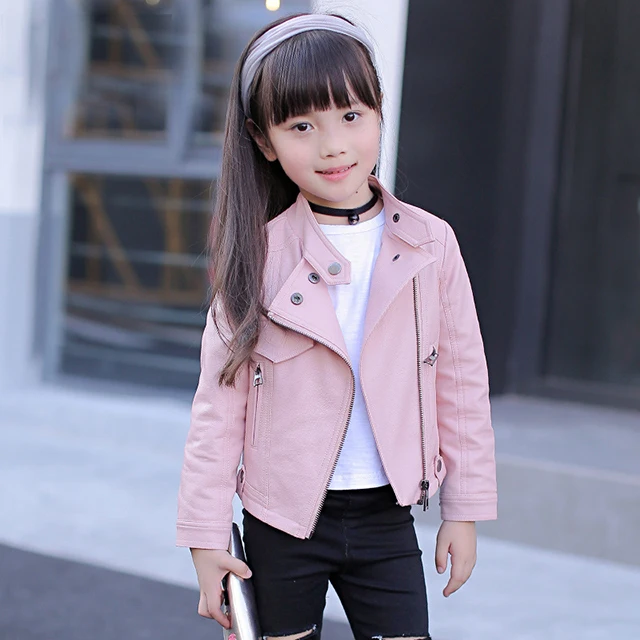 Новинка года; осенняя куртка для девочек; куртка из искусственной кожи на молнии для девочек 3-12 лет; модное однотонное кожаное пальто; одежда для детей; верхняя одежда - Цвет: Pink