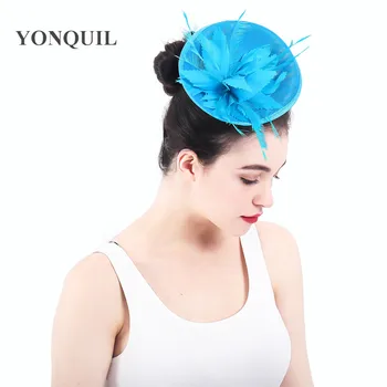 

2020 Fascinator copy Sinamay Fedora Hat New Bridal Wedding feather flower Summer Derby Headpiece Church Hair Accessories