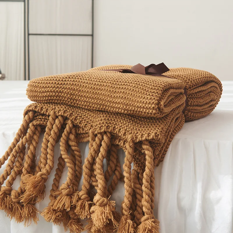 Cotton Knitted Thread Blanket with Tassle Comfortable Sofa Throw Plaid