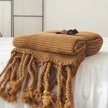 

Cotton Knitted Thread Blanket with Tassle Comfortable Sofa Throw Plaid Photography Props Travel Cover Cobertor 130*170cm
