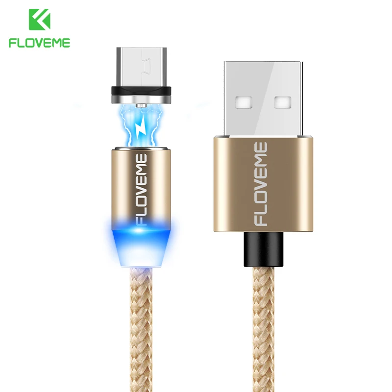 FLOVEME светодиодный магнитный Micro USB кабель 1 м Плетеный 5В/2а Магнитный зарядный кабель для телефона samsung Galaxy S6 S7 Edge Xiaomi Redmi 4X - Цвет: 1 Plug 1 Gold Cable