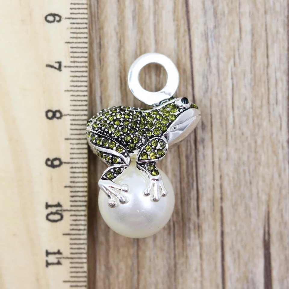 Simulated Pearl & Green Zirconia Frog Pendants Fit Chain Necklaces