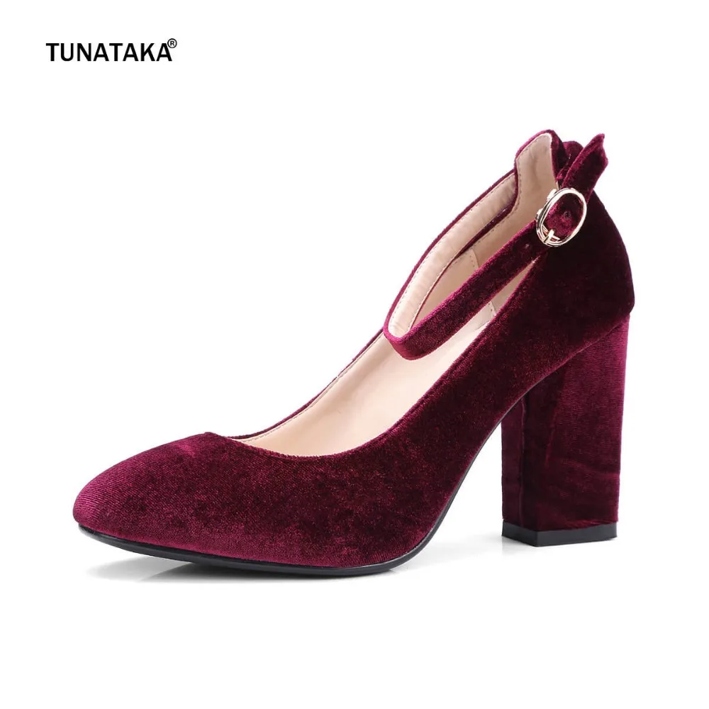

Faux Suede Buckle Strap Thick High Heel Pumps Fashion Round Toe Party Spring Autumn Women Shoes Black Green