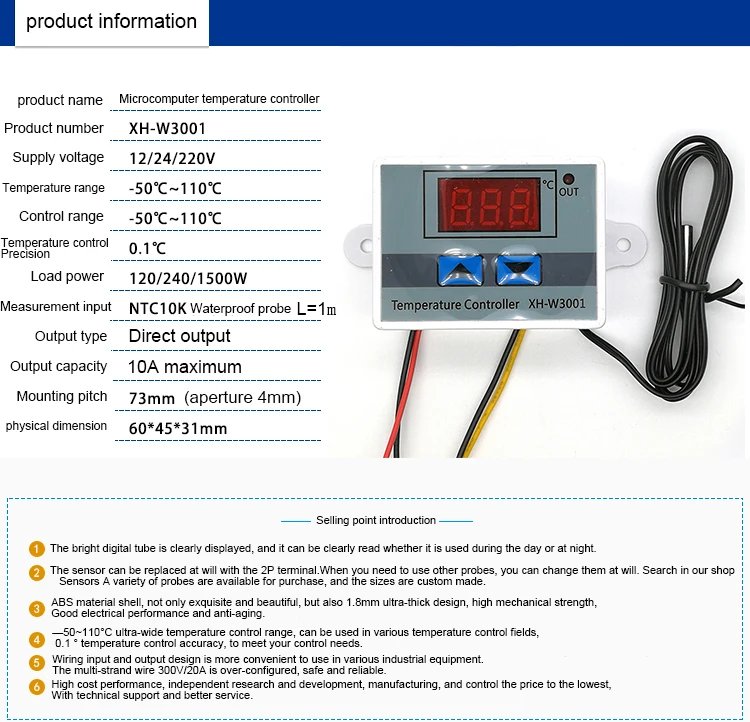 XH-W3001 W3001 Температура контроллер цифровой светодиодный 12 24 110-220 V термометр Thermo коммутатор контроллера зонд Max 10A NTC10K