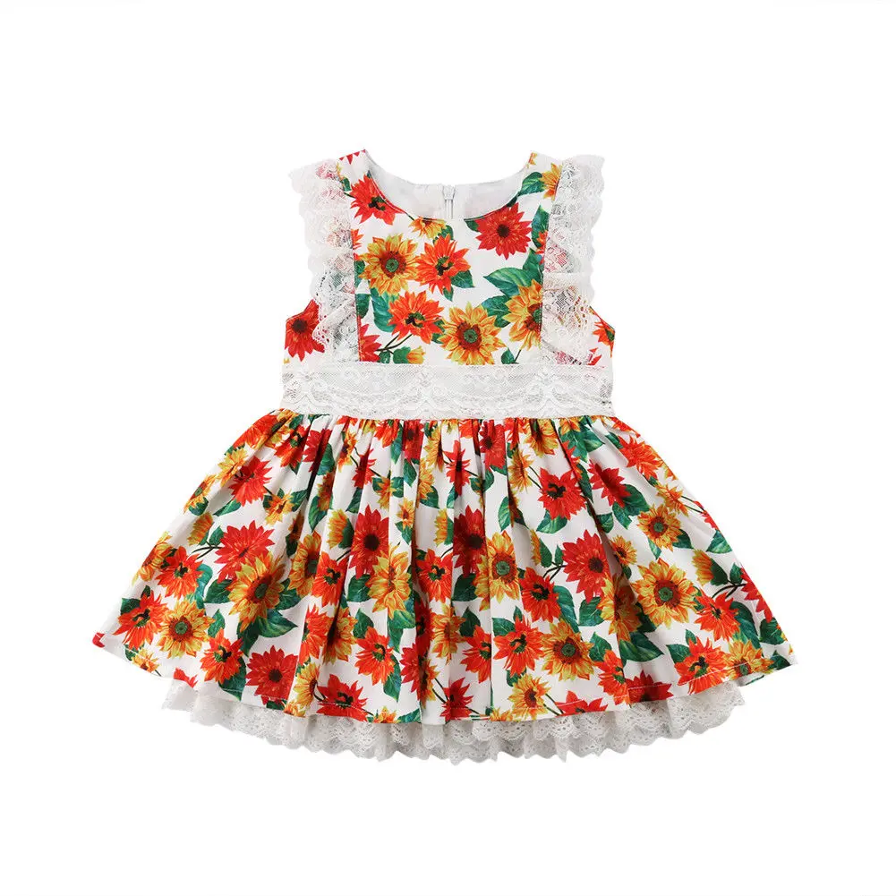 Sunflower Toddler Baby Kids Girls Dress Summer Floral Lace Casual Dress