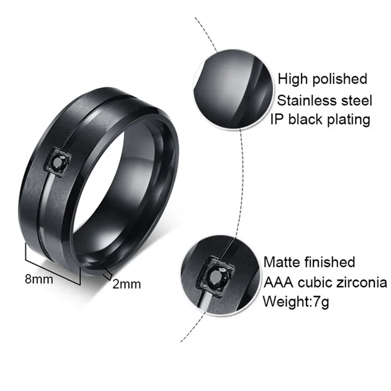 Men Women Couple Rings 316L Stainless Steel Black Cubic Zirconia Engagement Wedding Ring Sets