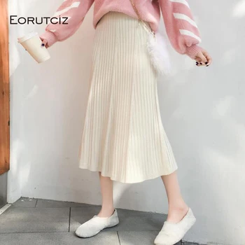 

EORUTCIZ Spring Midi Skirt Women Knitted Pleated Maxi Tutu Skirt High Waist Vintage Summer Elastic Black Skirts LM222